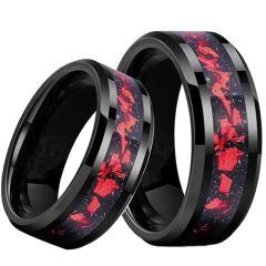 ***COI Black Tungsten Carbide Ring With Meteorite & Red Coral-01938AA