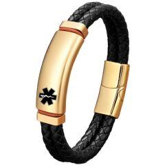 ***COI Titanium Black/Gold Tone/Silver Medical Alert Genuine Leather Bracelet With Steel Clasp(Length: 8.27 inches)-01955AA