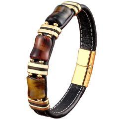 ***COI Gold Tone Titanium Tiger Eye Genuine Leather Bracelet With Steel Clasp(Length: 8.27 inches)-01956AA