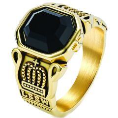 ***COI Titanium Black/Gold Tone/Silver Crown Ring With Black Onyx-01973AA