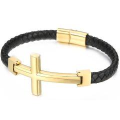 ***COI Titanium Silver/Gold Tone Cross Genuine Leather Bracelet With Steel Clasp(Length: 8.66 inches)-01977AA