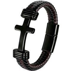***COI Titanium Black/Gold Tone/Silver Cross Genuine Leather Bracelet With Steel Clasp(Length: 9.06 inches)-01979AA