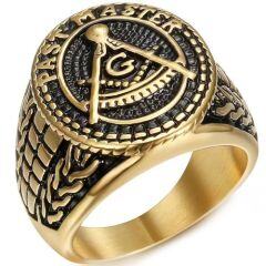 ***COI Titanium Black Gold Tone Masonic Freemason Ring-01986AA