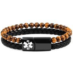 ***COI Black Titanium Medical Alert Tiger Eye Genuine Leather Bracelet With Steel Clasp(Length: 8.27 inches)-02006AA