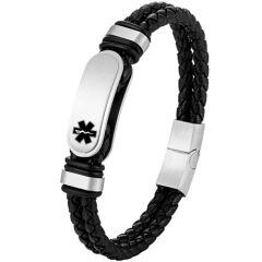 ***COI Titanium Black/Silver/Gold Tone Medical Alert Genuine Leather Bracelet With Steel Clasp(Length: 8.27 inches)-02022AA