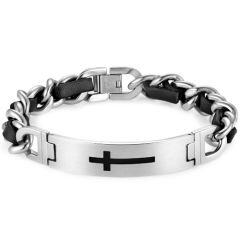 ***COI Titanium Gold Tone/Silver Black Genuine Leather Cross Bracelet With Steel Clasp(Length: 8.27 inches)-02038AA