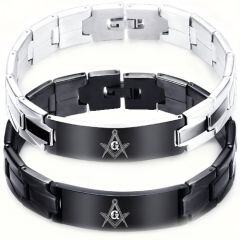 ***COI Titanium Black Silver/Black Masonic Freemason Bracelet With Steel Clasp(Length: 7.87 inches)-02040AA