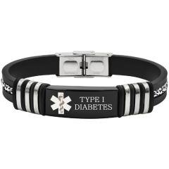 ***COI Titanium Black Silver Medical Alert Custom Engraving Rubber Bracelet With Steel Clasp(Length: 8.27 inches)-02044AA