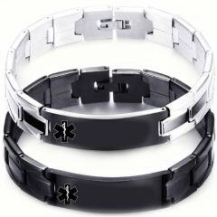 ***COI Titanium Black Silver/Black Medical Alert Bracelet With Steel Clasp(Length: 7.87 inches)-02045AA