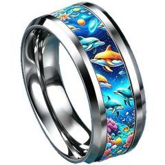 ****COI Titanium Dolphin Coral & Sea Beveled Edges Ring-02051A