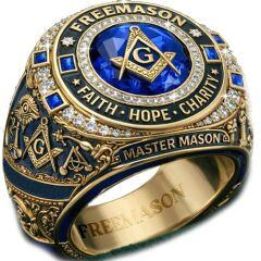 ****COI Titanium Black Gold Tone Blue Masonic Freemason Ring With Cubic Zirconia-02053A