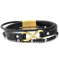 ****COI Titanium Black/Gold Tone/Silver Infinity Genuine Leather Bracelet With Steel Clasp(Length: 8.27 inches)-02057AA