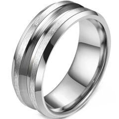 ****COI Titanium Black Silver/Silver Center Groove Beveled Edges Ring-02085AA