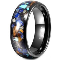 ****COI Black Tungsten Carbide Meteorite Crushed Opal Koa Wood Turquoise Dome Court Ring-02101AA