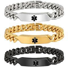 ****COI Titanium Black/Gold Tone/Silver Medical Alert Bracelet With Steel Clasp(Length: 8.27 inches)-02149AA