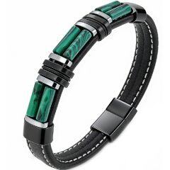 ****COI Titanium Black Silver Green Malachite/Tiger Eye Genuine Leather Bracelet With Steel Clasp(Length: 9.06 inches)-02158AA