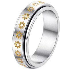 ****COI Titanium Gold Tone Silver Sunflower Step Edges Rotating Ring-02163AA