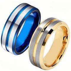 ****COI Titanium Blue/Gold Tone Silver Center Groove Ring-02165AA