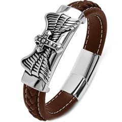 ****COI Titanium Cross Genuine Leather Bracelet With Steel Clasp(Length: 8.27 inches)-02177AA