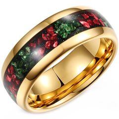 ****COI Gold Tone Tungsten Carbide Meteorite Ring With Created Red Ruby & Green Emerald-02186AA