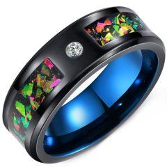 ****COI Tungsten Carbide Black Blue Cubic Zirconia Ring With Meteorite & Crushed Opal-02189AA