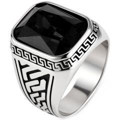 ****COI Titanium Greek Key Pattern Ring With Black Onyx/Created Red Ruby/Green Emerald-02207AA