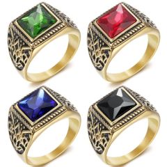 ****COI Titanium Gold Tone Black Ring With Black Onyx/Created Red Ruby/Green Emerald/Blue Sapphire-02214AA