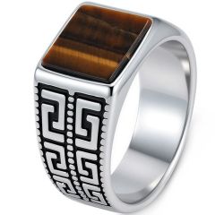 ****COI Titanium Black Silver Greek Key Pattern Ring With Tiger Eye/Turquoise/Black Onyx-02215AA