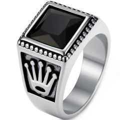 ****COI Titanium Gold Tone/Silver Crown Ring With Black Onyx-02217AA