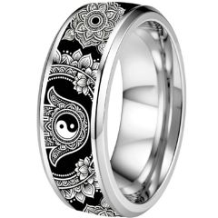 ****COI Titanium Black/Silver Ying Yang Beveled Edges Ring-02219AA
