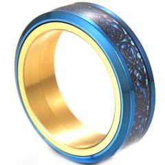 ****COI Titanium Gold Tone Blue/Black Gold Tone Dragon Beveled Edges Ring-02231AA
