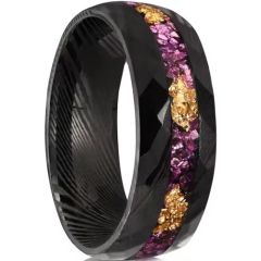 ****COI Black Tungsten Carbide Damascus Hammered Ring With Purple Amethyst & Gold Foil-02236AA