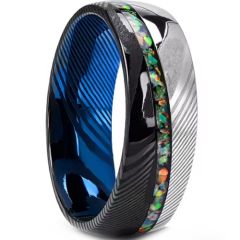 ****COI Tungsten Carbide Black Blue Silver Damascus Ring With Crushed Opal-02238A