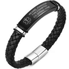 ****COI Titanium Black/Silver Medical Alert  Genuine Leather Bracelet With Steel Clasp(Length: 8.27 inches)-02248AA
