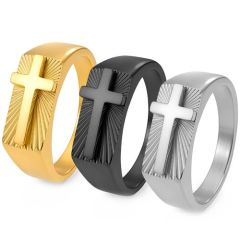 ****COI Titanium Black/Silver/Gold Tone Cross & Grooves Ring-02252AA