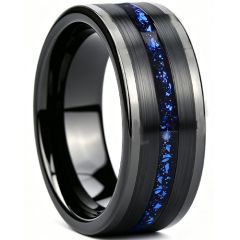 ****COI Black Tungsten Carbide Ring With Meteorite & Created Blue Sapphire-02261AA