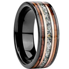 ****COI Tungsten Carbide Black Gold Tone Ring With Deer Antler & Koa Wood-02263AA