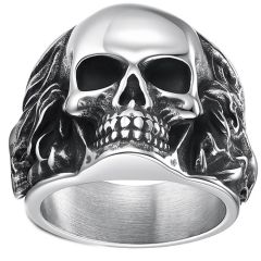 ****COI Titanium Black Silver Skull Ring-02270AA