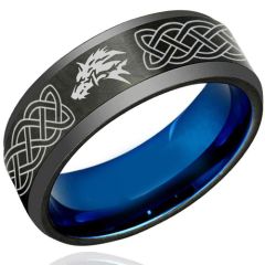 COI Tungsten Carbide Black Blue Wolf Celtic Ring-TG1222