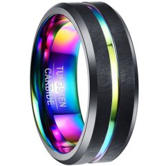 *COI Black Tungsten Carbide Rainbow Color Center Groove Ring-1414