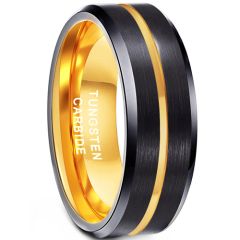 **COI Tungsten Carbide Black Gold Tone Center Grooves Beveled Edges Ring-TG1561