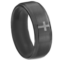 *COI Black Tungsten Carbide Cross Cross Step Edges Ring-TG1816