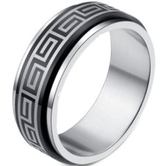 COI Tungsten Carbide Black Silver Greek Key Beveled Edges Ring-2246