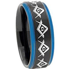 COI Tungsten Carbide Black Blue Masonic Step Edges Ring-TG2741