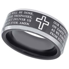 COI Tungsten Carbide Cross Scripture Beveled Edges Ring-3586