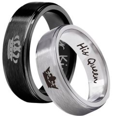 *COI Titanium Black/Silver King Queen Crown Ring-3984