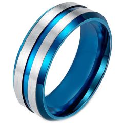 COI Tungsten Carbide Blue Silver Center Groove Ring-TG4476
