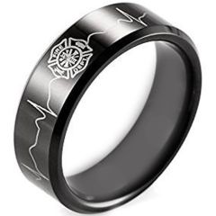 COI Black Titanium Firefighter Heartbeat Beveled Edges Ring-3901