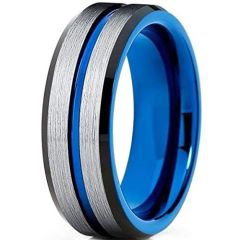 COI Tungsten Carbide Black Blue Center Groove Beveled Edges Ring-TG5189