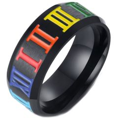 COI Black Titanium Rainbow Color Ring With Roman Numerals-5567